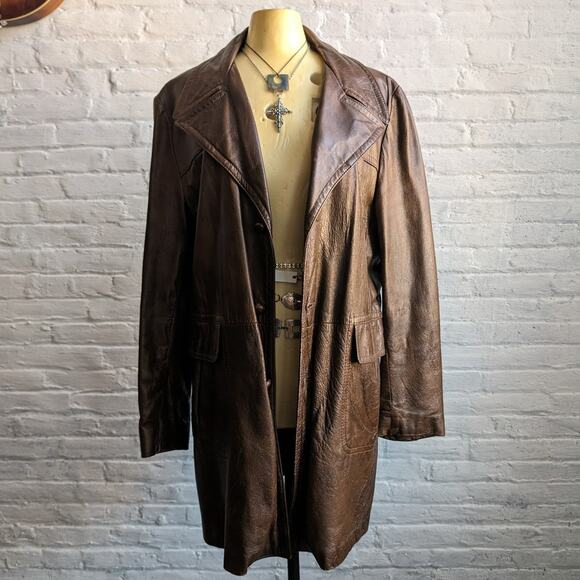 Vintage Brown Leather Jacket Western Trench Coat Earthy Cowboy Minimalist Coat L - Picture 1 of 10